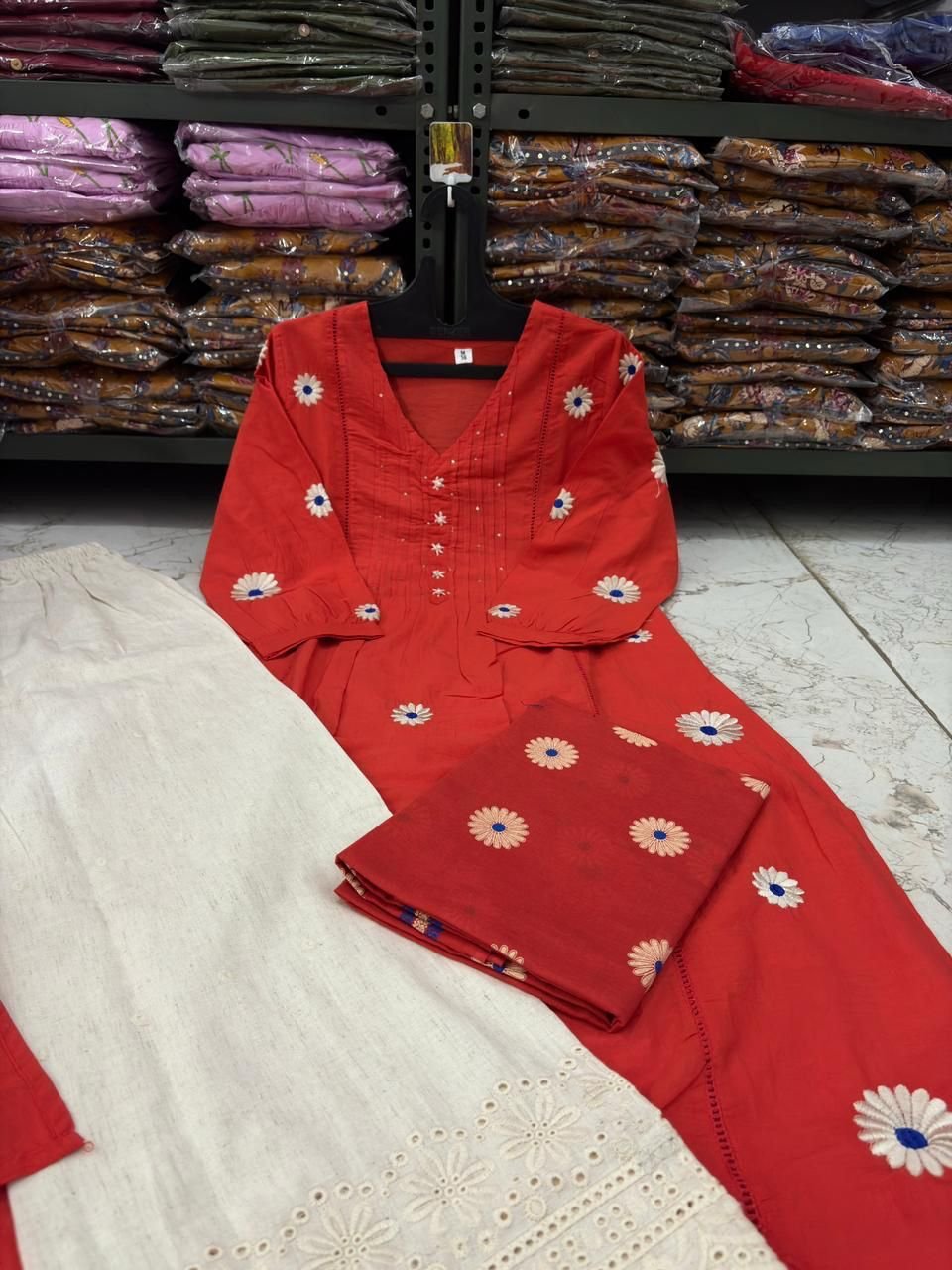 Red Cotton Embroidered Kurti Set with Dupatta